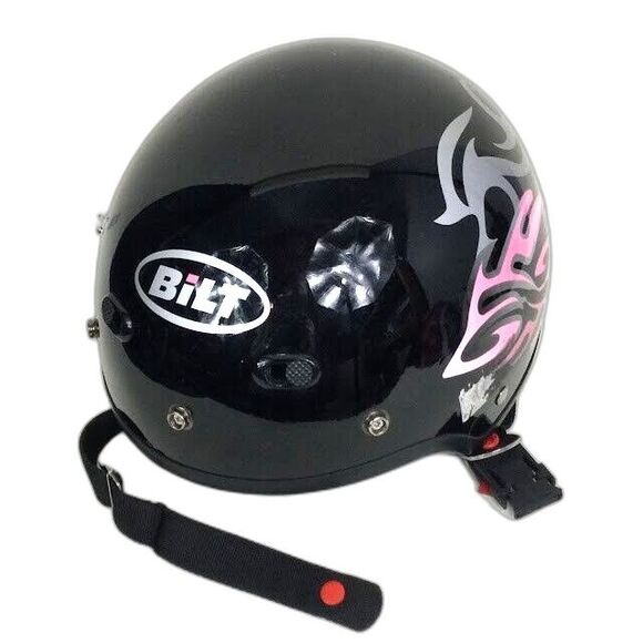 BiLT Half-Helmet-Women's Size XS -Gloss Black & Pink/Silver Flames-DOT Certified - Picture 1 of 8